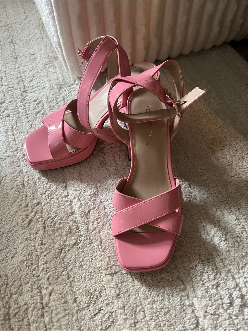 Indigo Pink Patent Strappy Block Heel Sandals